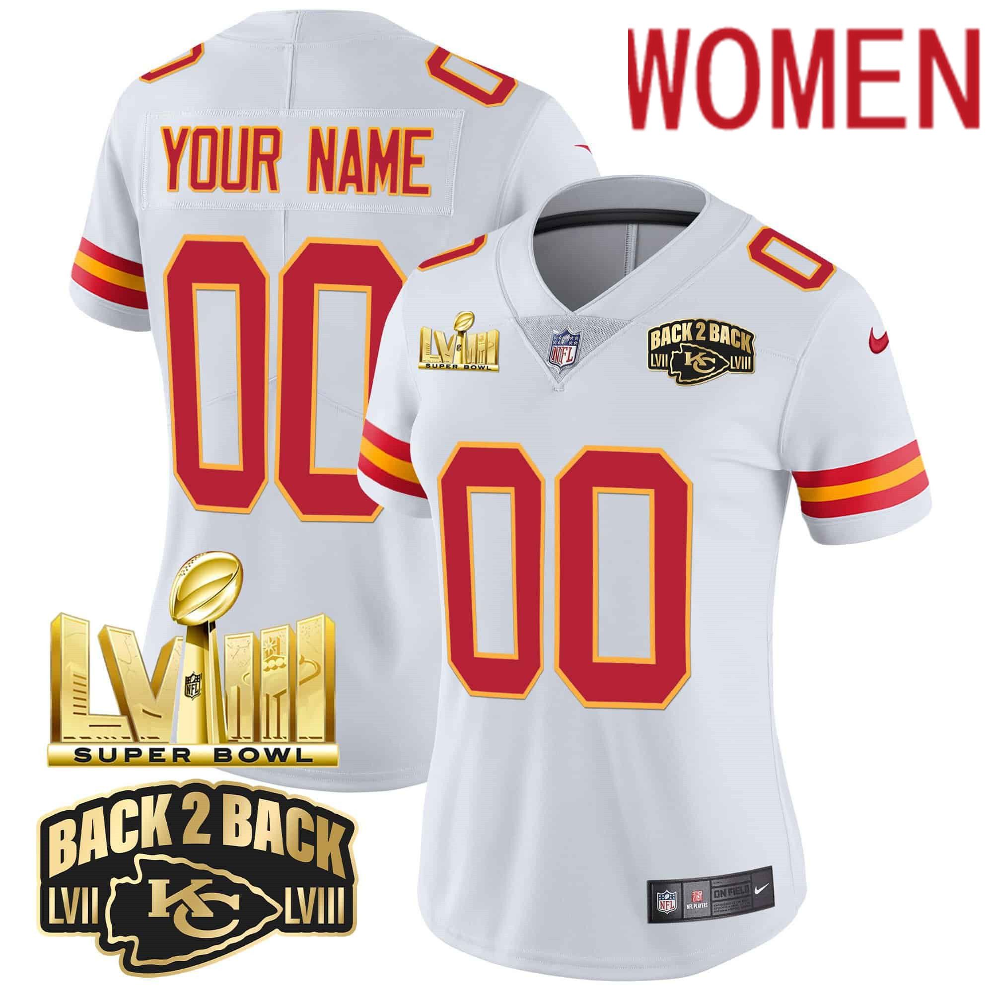 Women Kansas City Chiefs White 2024 Nike Super Bowl LVIII & Back 2 Back Gold Patch Vapor Custom NFL Jersey
